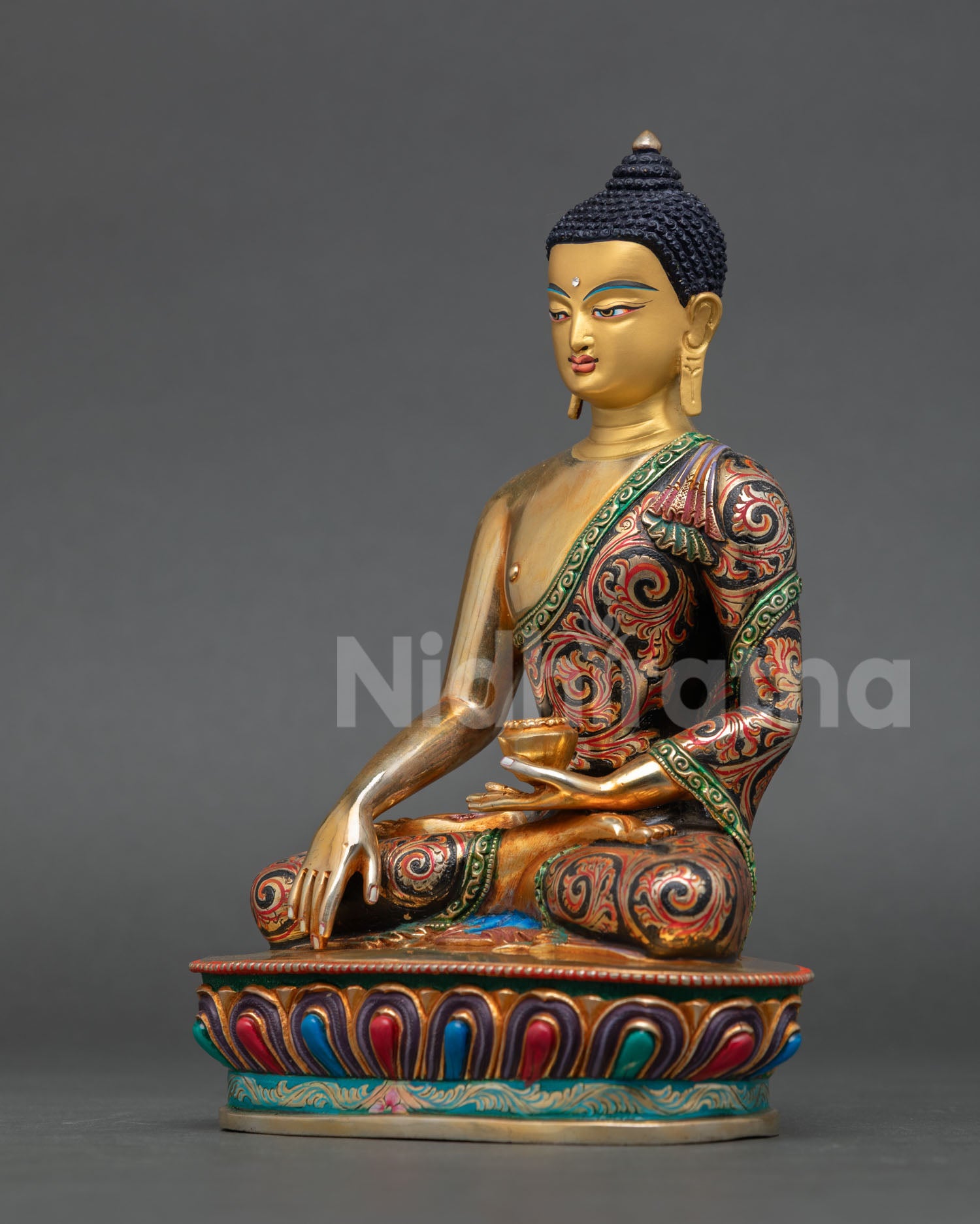 left view side of shakyamuni buddha statue copper gold gilded lotus robe nepal sculpture