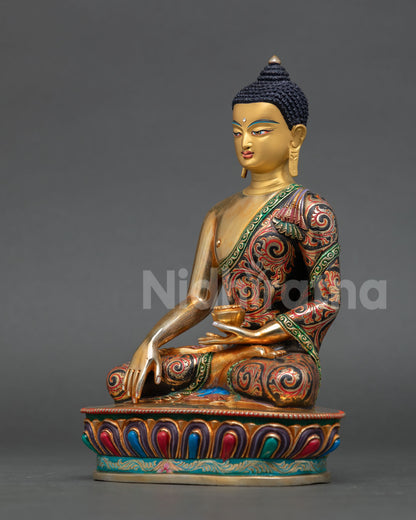 left view side of shakyamuni buddha statue copper gold gilded lotus robe nepal sculpture