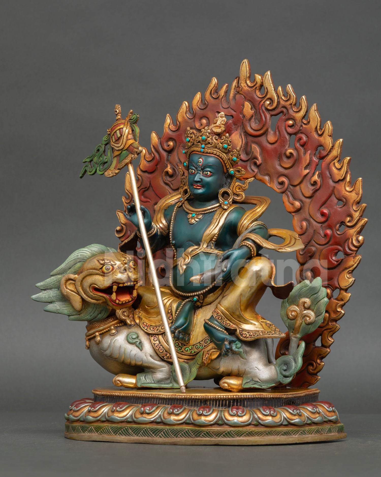 Left side view Vaiśravaṇa Buddhist deity statue copper sculpture with detailed robe engravings halo