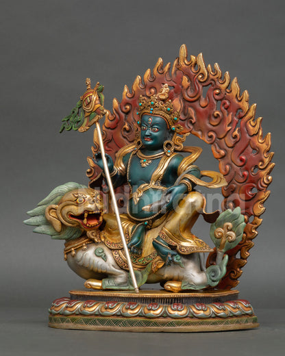 Left side view Vaiśravaṇa Buddhist deity statue copper sculpture with detailed robe engravings halo