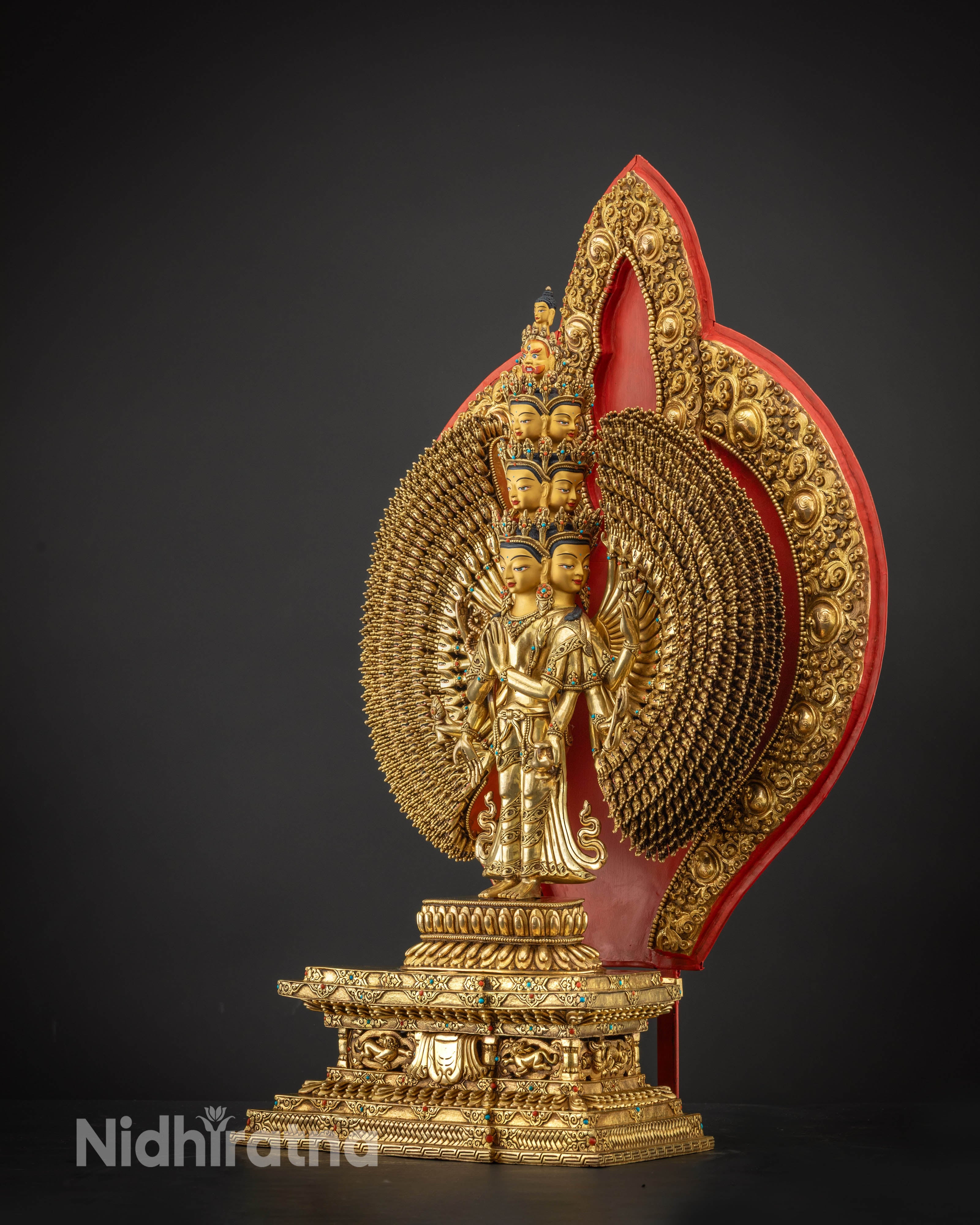 left side view 1000 Armed Chenrezig Avalokiteshvara Sculpture intricate floral carvings
