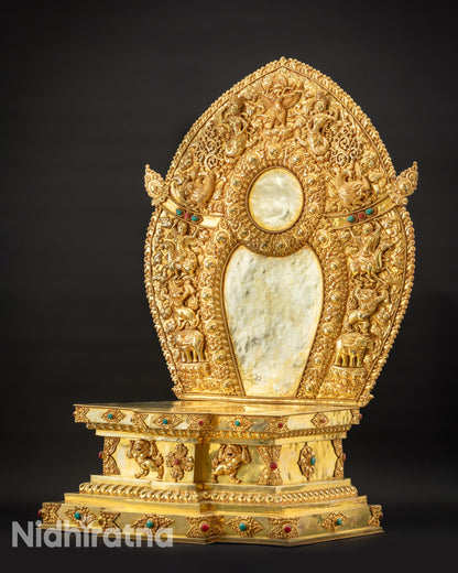 left side view 24K fire-gilded Vajrayana deity throne with intricate torana details