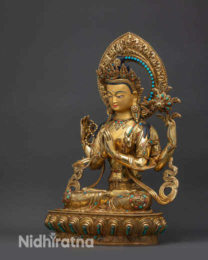 left view side Chenrezig statue with detailed halo, crown, and sacred objects in hands