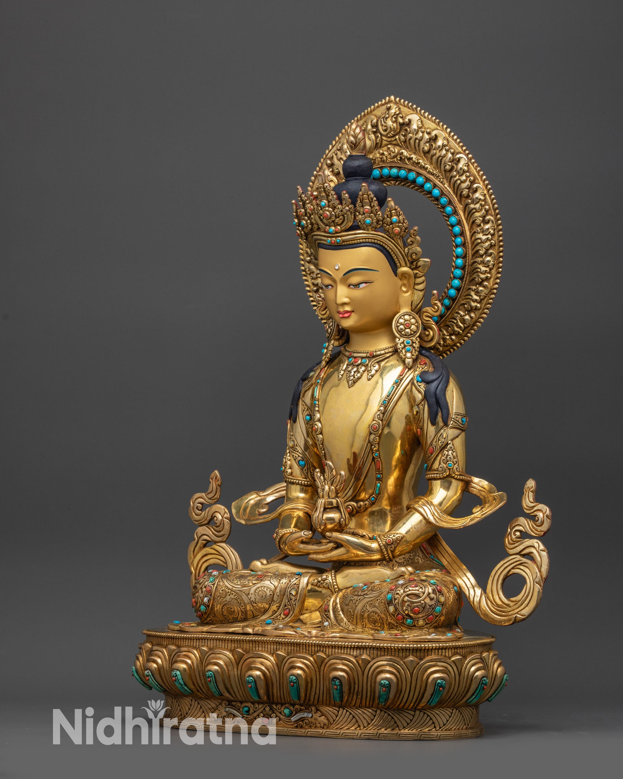 left view side Golden Amitayus statue with detailed halo, carved robe and stone-set jewelry