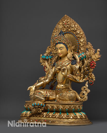 left view side Green Tara sculpture floral halo details, coral stones Tibetan craftsmanship