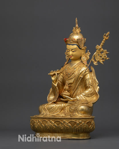 left view side Tsokye Dorje statue highlighting crown work and engraved ritual patterns
