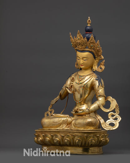 left view side Vajrasattva statue showing ashtamangala carving and semi-precious stones
