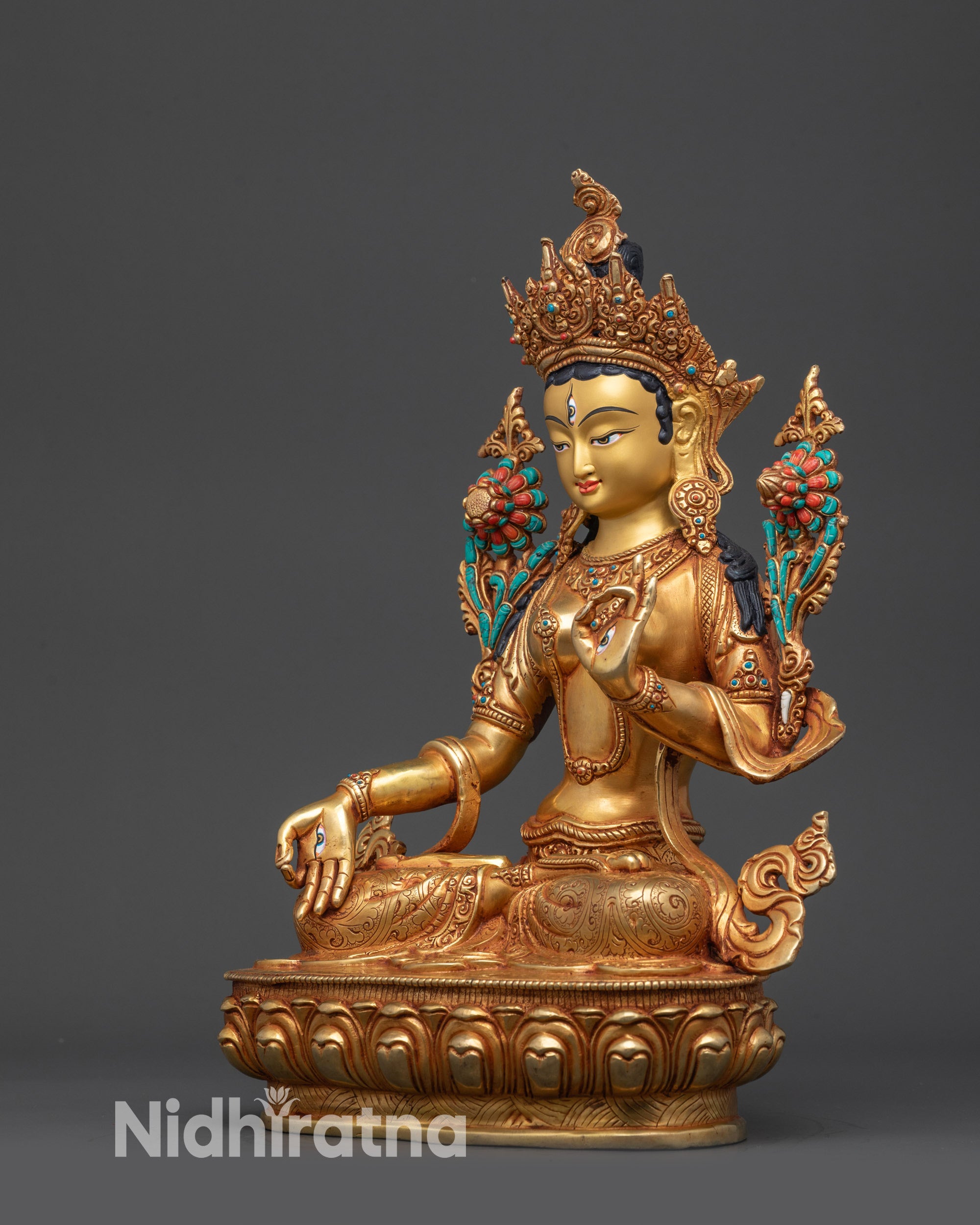 left view side White Tara robe details gold fire gilded base Nepal Buddhist sculpture
