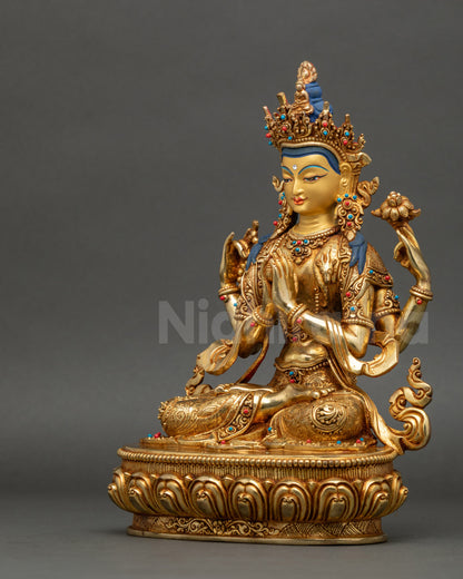 left view side of Chenrezig statue capturing intricate lotus and robe details