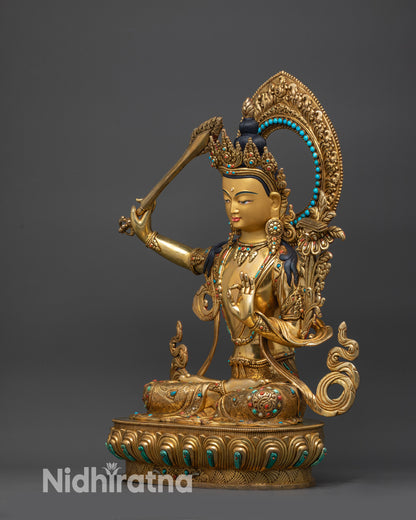 left view side of Premium Manjushri Statue displaying lotus throne and stone-adorned majestic halo
