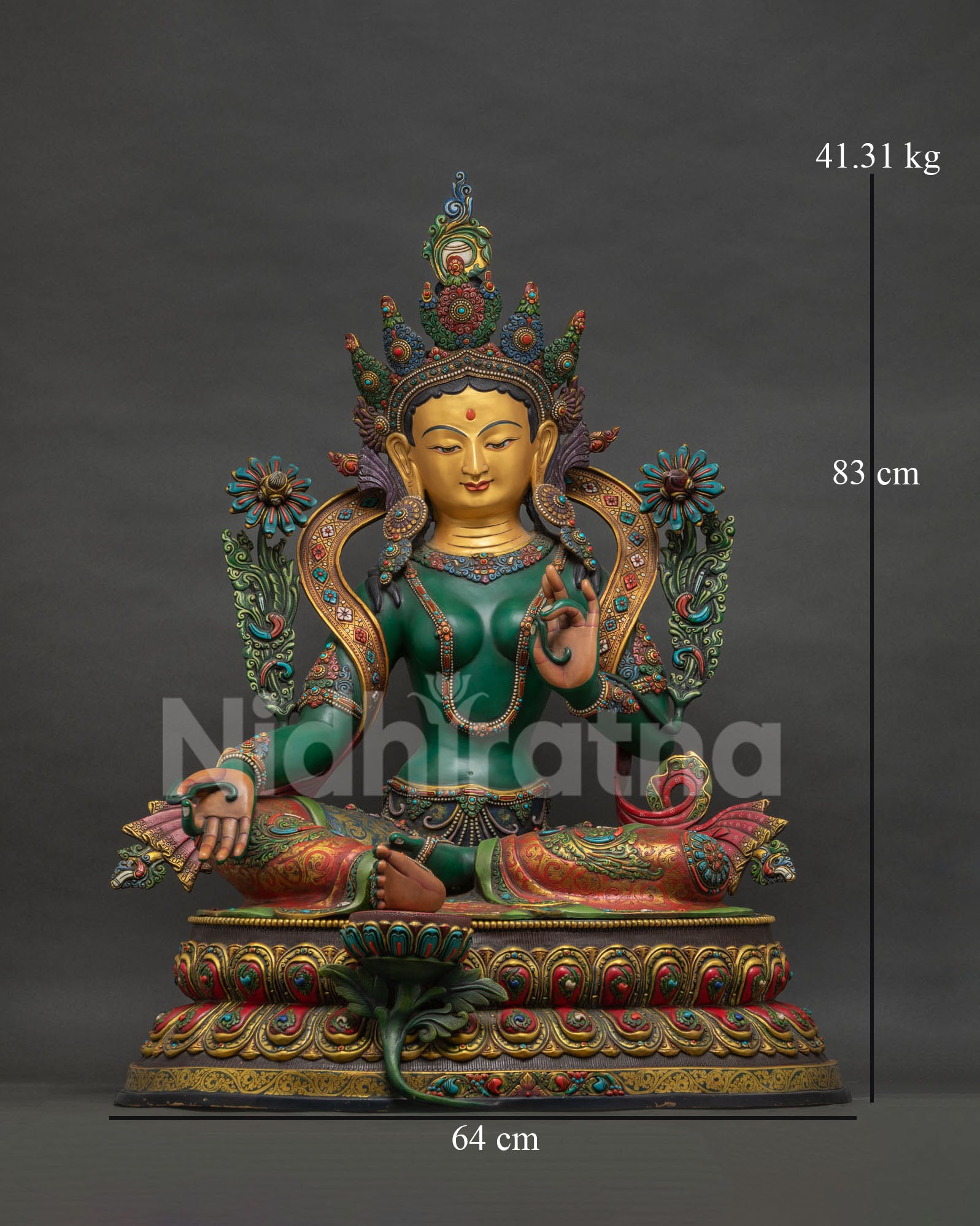 Life-sized 33 Inch Green Tara Statue, front view of Nepalese Buddhist sculpture