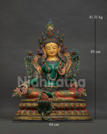 Life-sized 33 Inch Green Tara Statue, front view of Nepalese Buddhist sculpture
