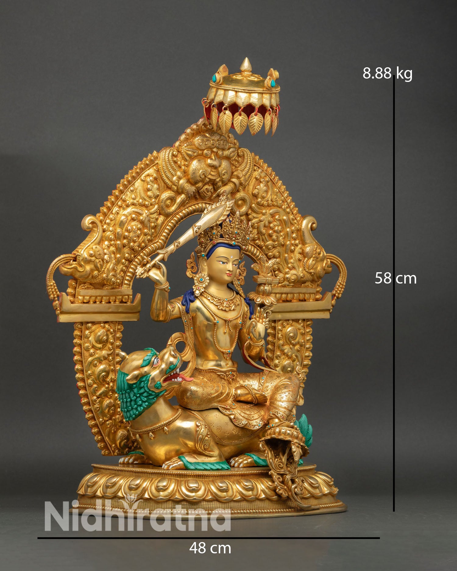 Lion riding Manjushree side view royal ease posture snow lion lotus throne Nepal art statue