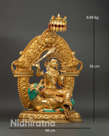 Lion riding Manjushree side view royal ease posture snow lion lotus throne Nepal art statue