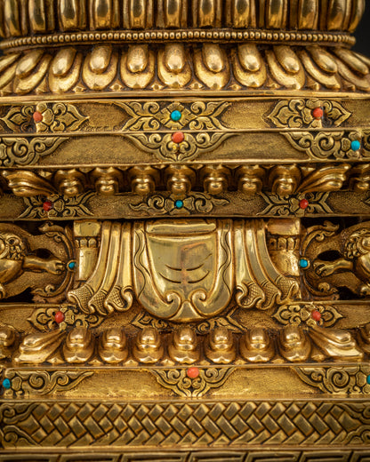 lion throne carved view Chenrezig Avalokiteshvara statue lions dragons and sacred motifs
