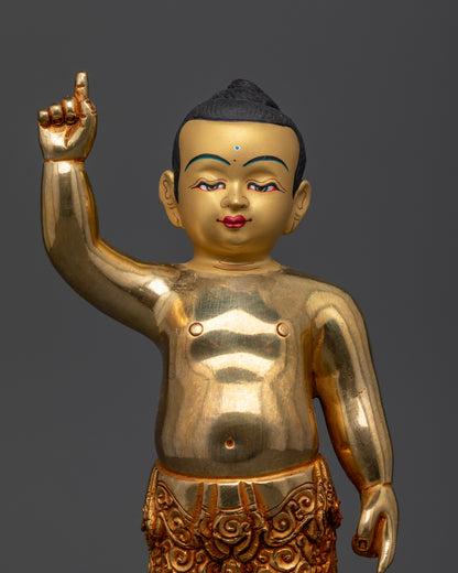 Little Shakyamuni Buddha Statue in copper with gold fire gilded finish and 24K gold painted face.