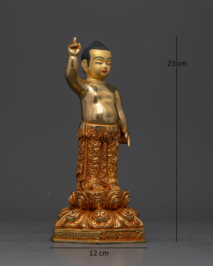 Little Shakyamuni Buddha Statue resting on double lotus pedestal with intricate gold details.