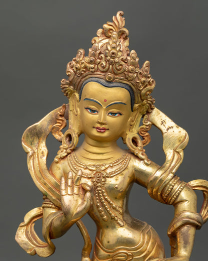 Lokeshvara Avalokiteshvara Statue with Gold-painted face, intricate crown and lotus pedestal