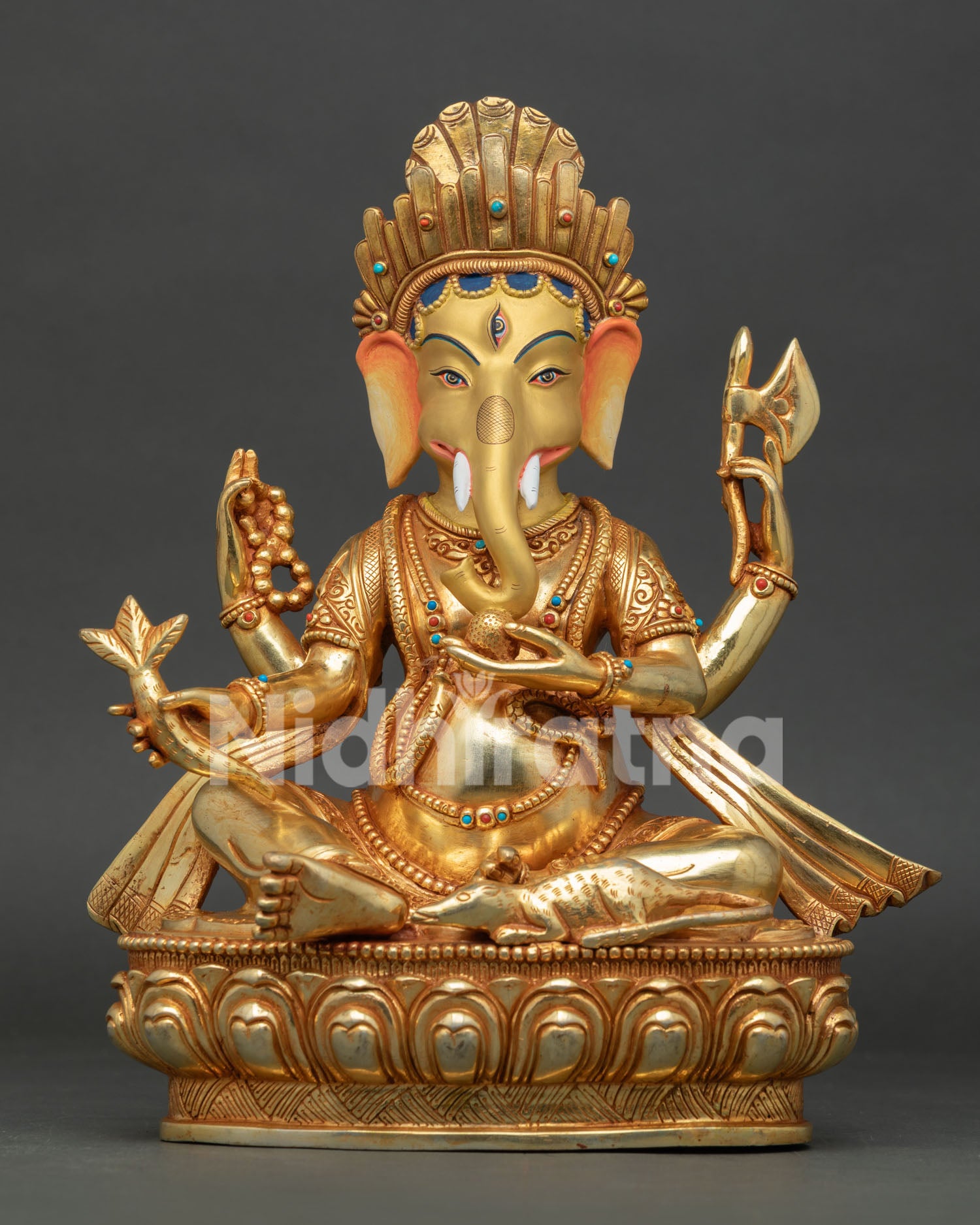 Lord Ganesh Statue, handmade in Nepal with 24K gold gilding and semi precious stones