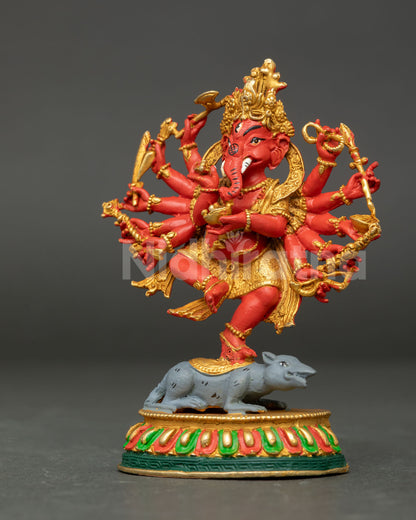 Lord ganesha standing statue with mushak on lotus pedestal and colorful finish.