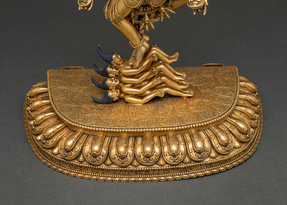 Lotus pedestal of Hevajra statue with engraved gold top and Maras, fire-gilded copper from Nepal
