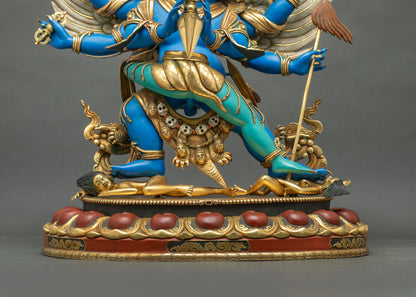 Lotus pedestal of Vajrakilaya statue with two golden subdued figures and severed head garland