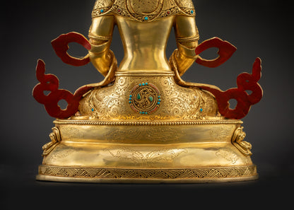 lower landscape back Primordial Vairocana Buddha statue from Nepal showing lotus base and robe design