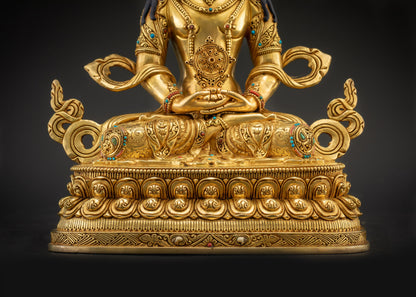 lower landscape front Vairocana Buddha statue on double lotus pedestal, authentic Buddhist art