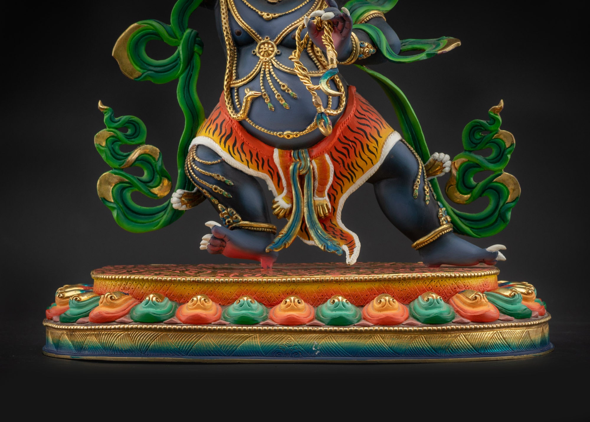 lower landscape front Vajrapani statue front view with lotus pedestal and gold-plated base
