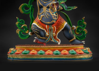 lower landscape front Vajrapani statue front view with lotus pedestal and gold-plated base
