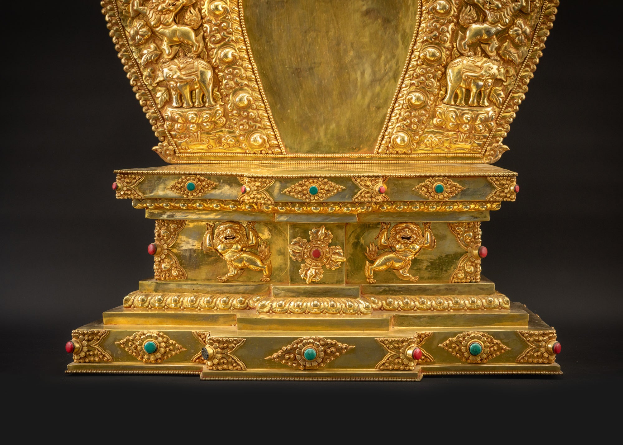 lower landscape front view of Vajrayana deity throne with lions and stone borders