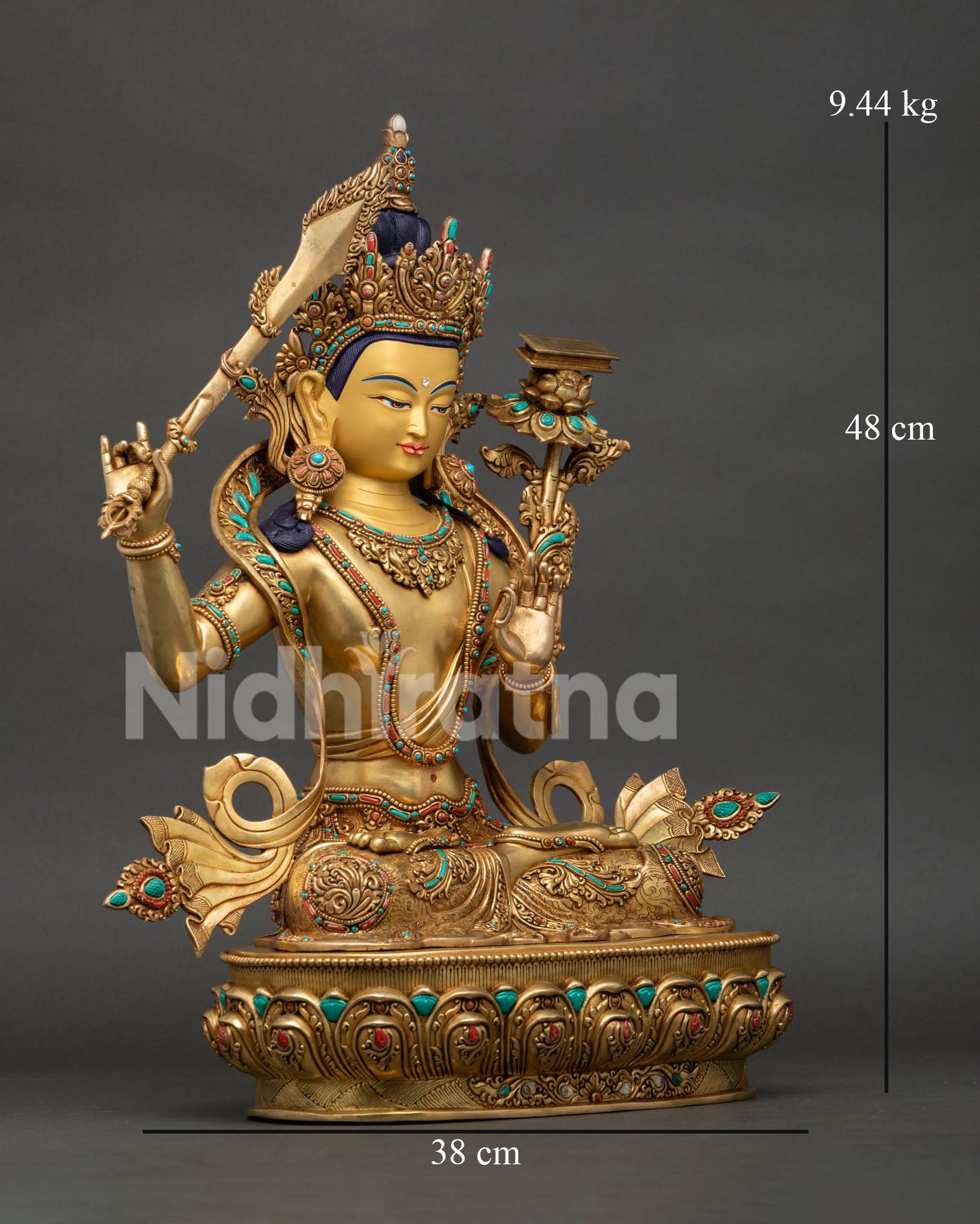 Luxurious Manjushri Statue handcrafted in Nepal with gold gilding and semi-precious stone inlays