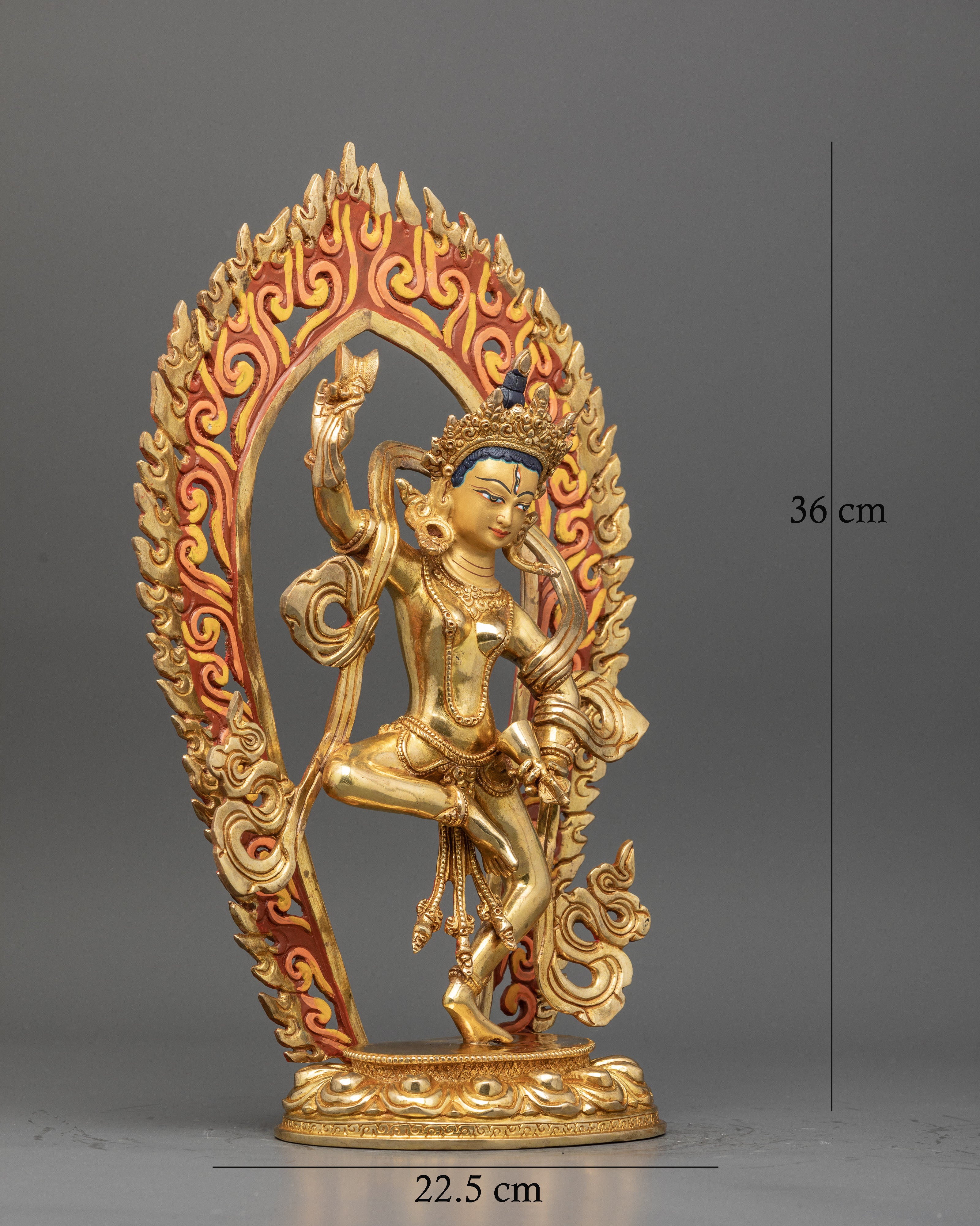 Machig labdron buddhist statue in dancing posture with five jewel crown and ornaments.