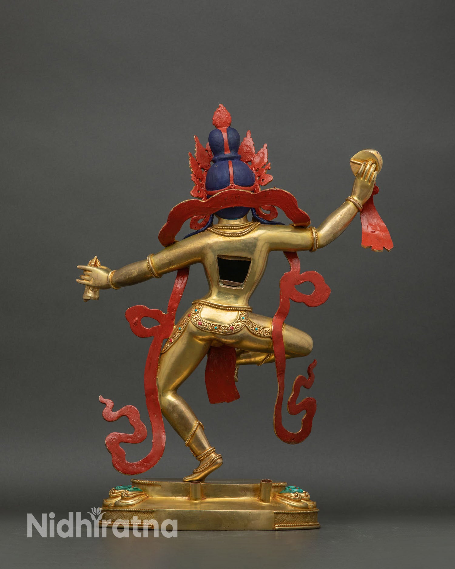 Machig Labdron statue back view ornate pedestal detail himalayan ritual sculpture meditation altar statue copper craft