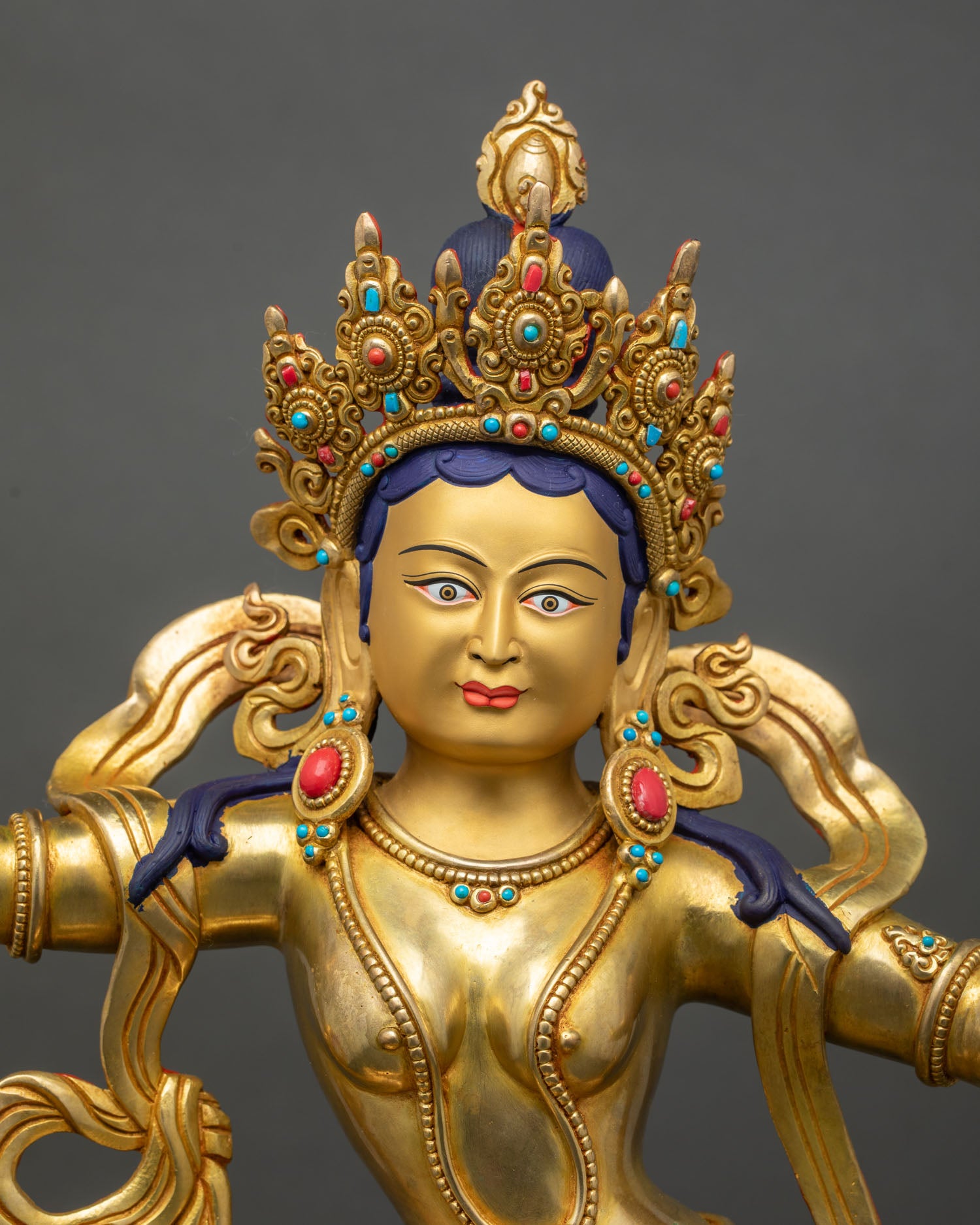 Machig Labdron Statue close up detail gold painted face semi precious stones coral turquoise ornament buddhist yogini