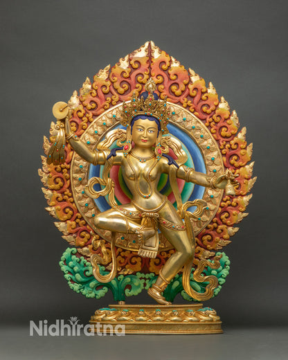 Machig Labdron statue, handcrafted Nepal front view, copper, gold, gilded lotus throne
