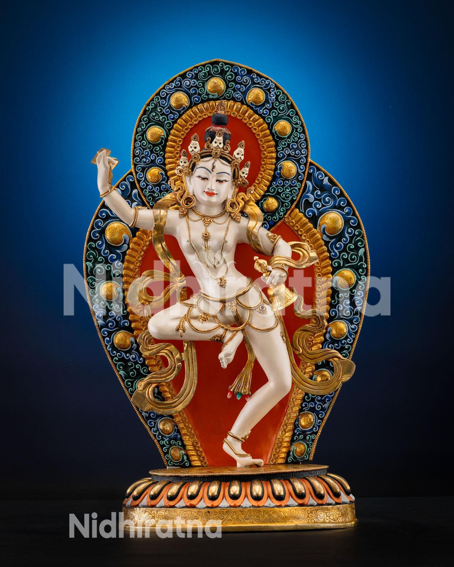 Machig Labdron Statue in dancing posture with ornate aureole and lotus pedestal