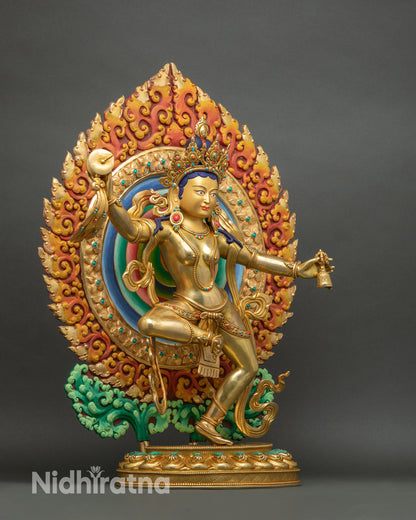 Machig Labdron statue side view dancing posture copper lost wax casting flowing robes spiritual energy nepal art