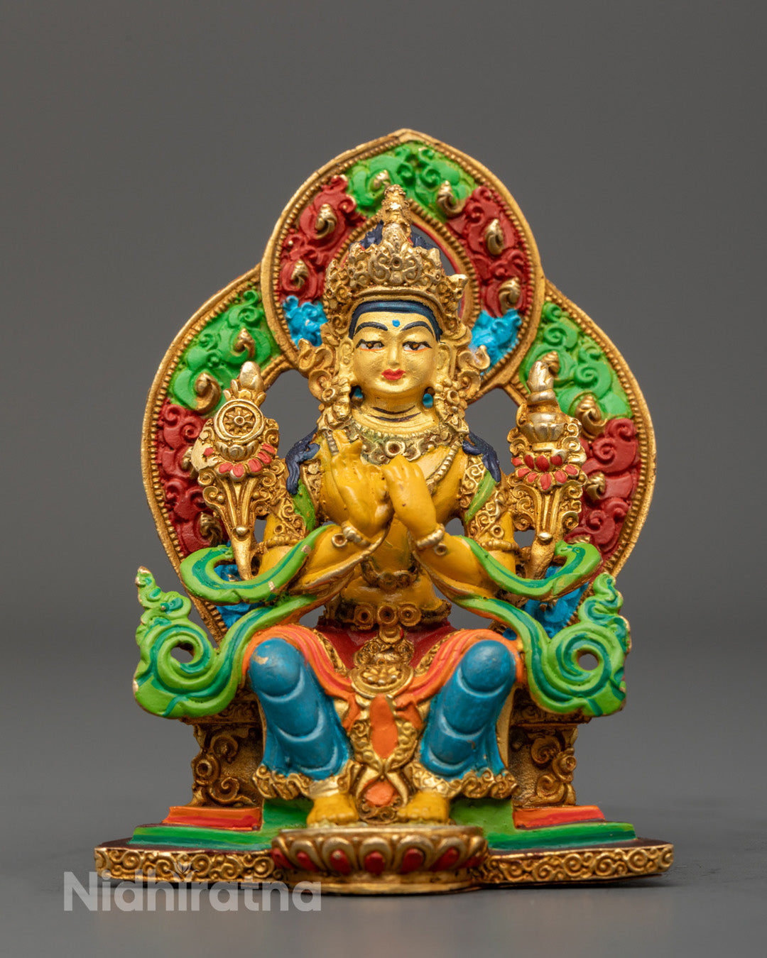 machine-made Buddha Maitreya statue seated on Singhasana throne with copper body and hand-painted acrylic colors, symbolizing future enlightenment and spiritual awakening.