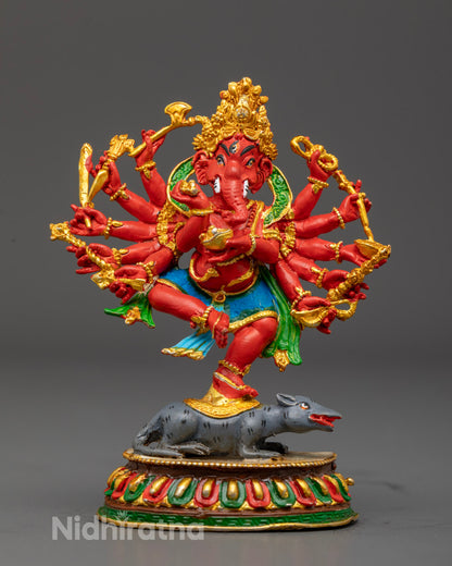 machine-made Lord Ganesha Murti with red-hued face and gold-plated finish, seated on lotus throne with green halo and symbolic items in hands.