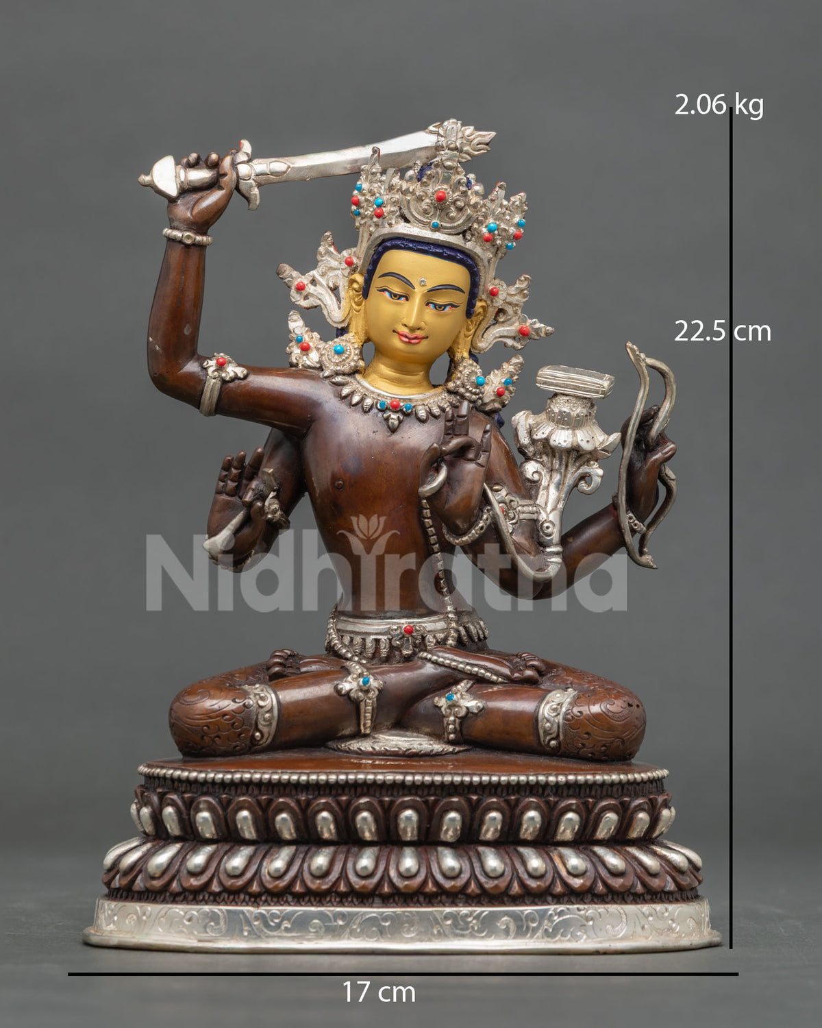 Maha Manjushri statue copper silver plated Patan Nepal.