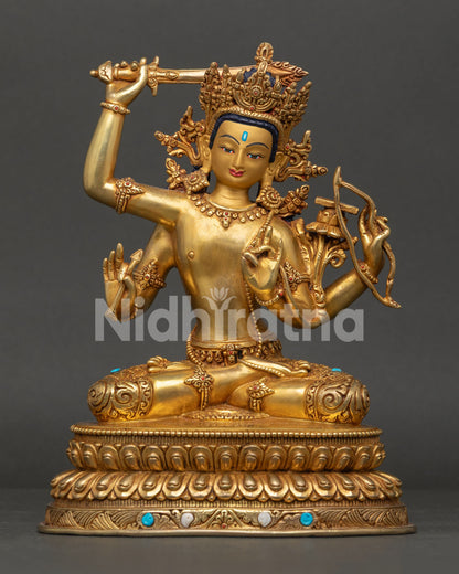 Maha Manjushri statue front view with 24K gold gilding and lotus pedestal