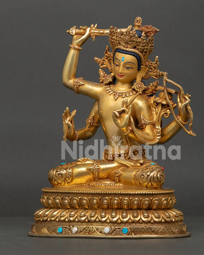 Maha Manjushri statue left view side with handcrafted Newari Buddhist details