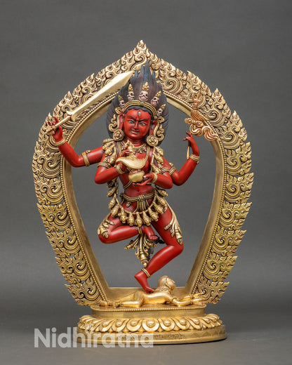 Maha Vajravarahi statue full front view, red tantric dakini with gold prabhavali handcrafted in Nepal