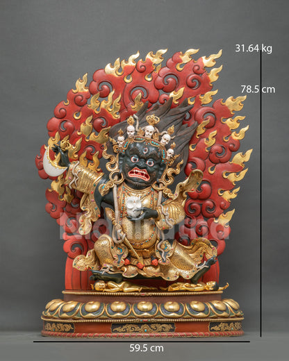 Mahakala Bernagchen statue front view, 78.5 cm tall, 31.64 kg, gold gilded copper from Nepal