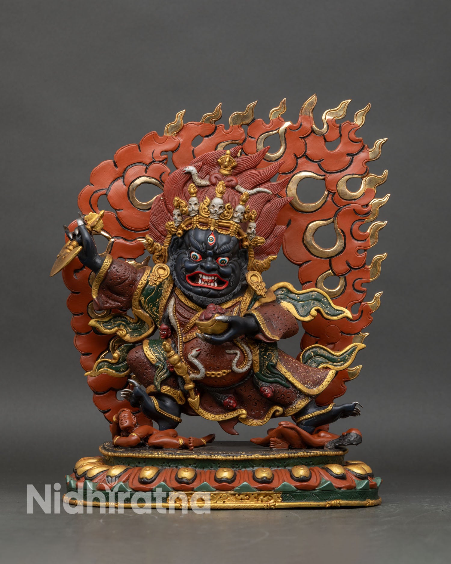 Mahakala Bernagchen statue full front view, black cloak protector copper sculpture