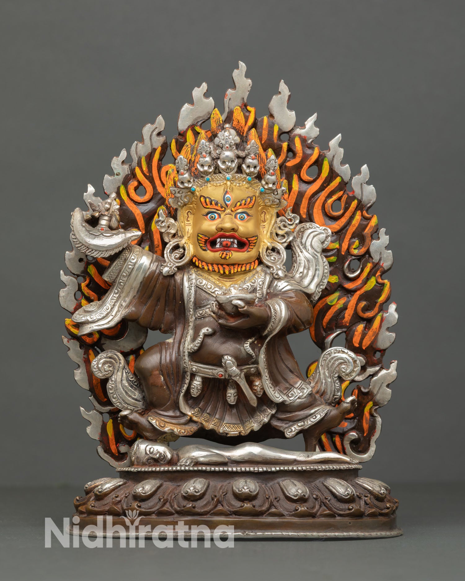 Mahakala Bernagchen statue front view oxidized copper silver plated gold painted face Vajrayana Dharma protector