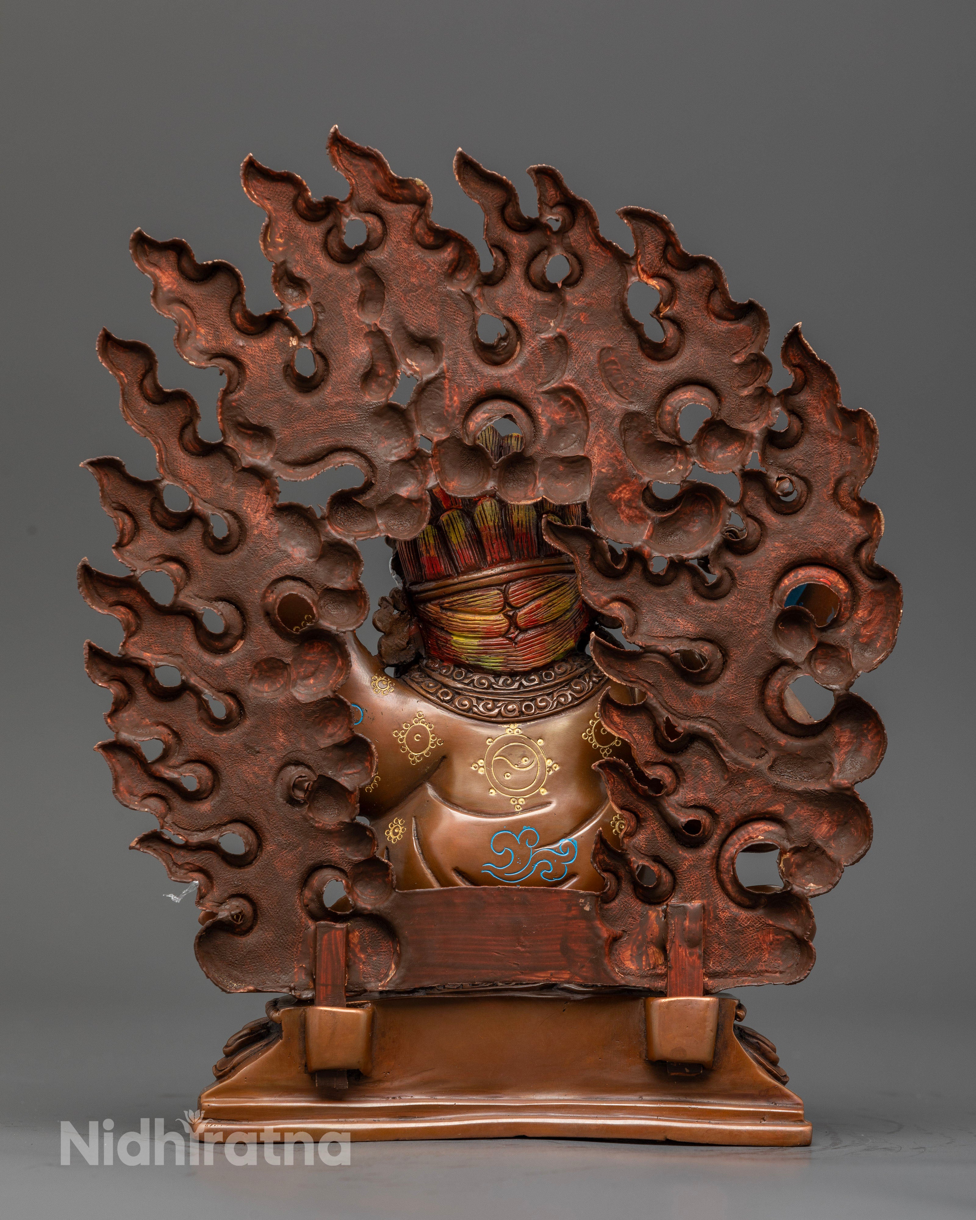 Mahakala Bernagchen Statue on lotus pedestal Himalayan Buddhist art.