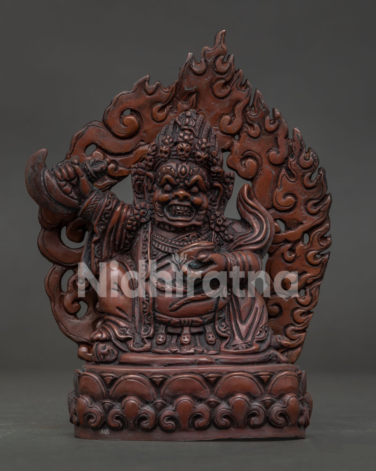 Mahakala Bernagchen Statue Standing on Pedestal with Sacred Flames.