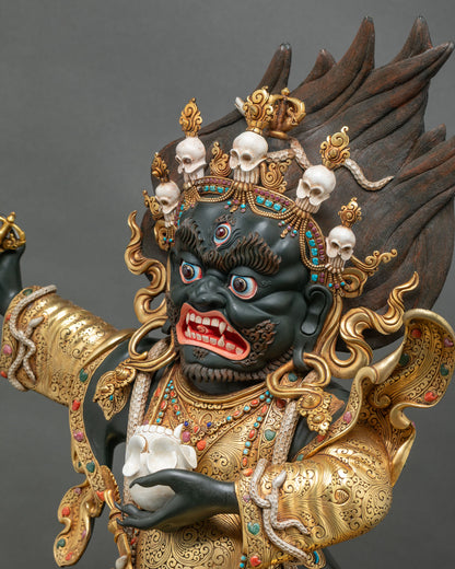 Mahakala Bernagchen upper body close-up with gold hand-chased cloak, gemstones and skull cup